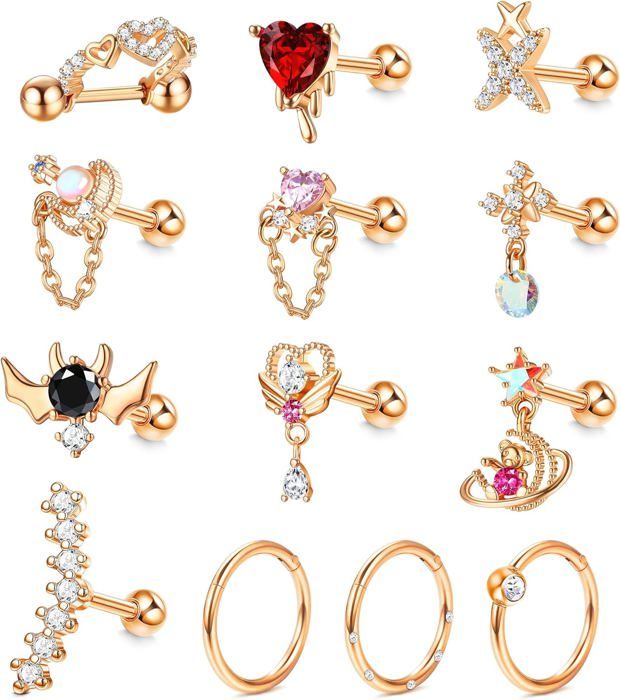 4 Piercings Tragus Hélix En Acier Chirurgical | 16G (1,2 Mm), Longueur 8 Mm | Avec Strass 3 Mm | Pour Cartilage, Oreille