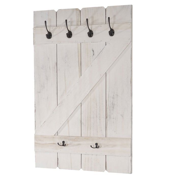 Porte manteau mural panneau avec 6 crochets 91x60cm en bois blanc vieilli 04_0001012