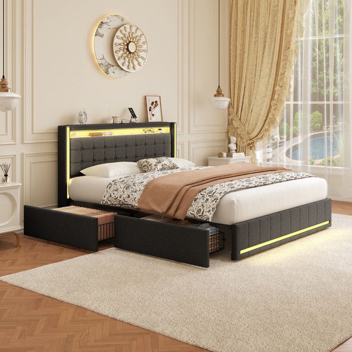 Lit 160x200cm avec 4 tiroirs Lit double avec lumières LED port de chargement sommier à lattes lit adulte rembourré Lin Gris