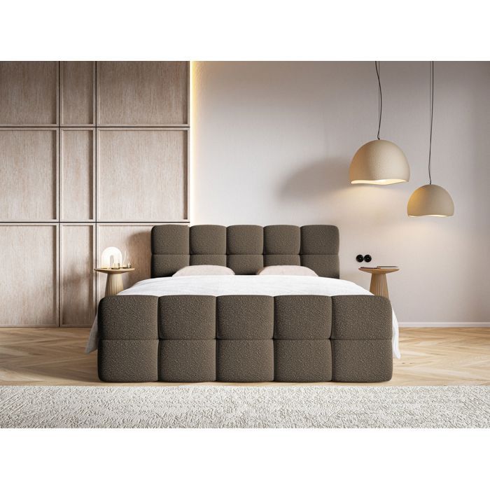 Lit continental - SELSEY - CLOUDY - 180x200 cm - tissu bouclette brun - matelas Bonell inclus Lit continental - SELSEY - CLOUDY - 180x200 cm - tissu bouclette brun - matelas Bonell inclus