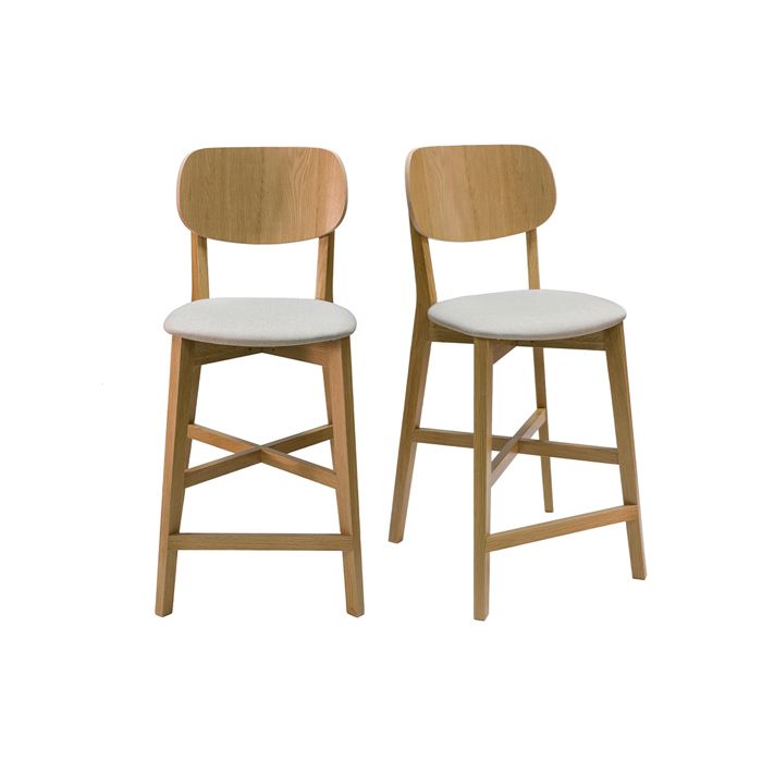 Miliboo - Tabourets de bar en bois clair chêne et tissu beige H65 cm (lot de 2) LUCIA