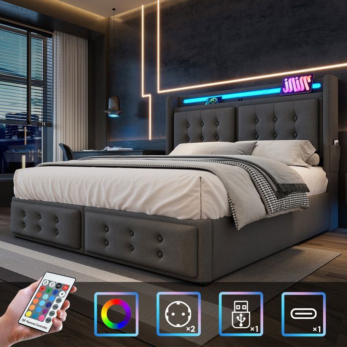 Lit 160x200 avec Sommier - Lit Coffre de Rangement pour 2 Personnes - Lit Double Adulte LED avec Prise USB C - Coton Lin - Gris