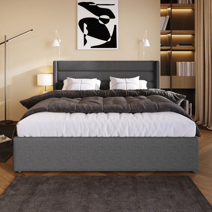 Lit double 180x200 cm en lin 2 personnes avec hydraulique Stockage Lit coffre adulte avec sommier à lattes cadre de lit gris