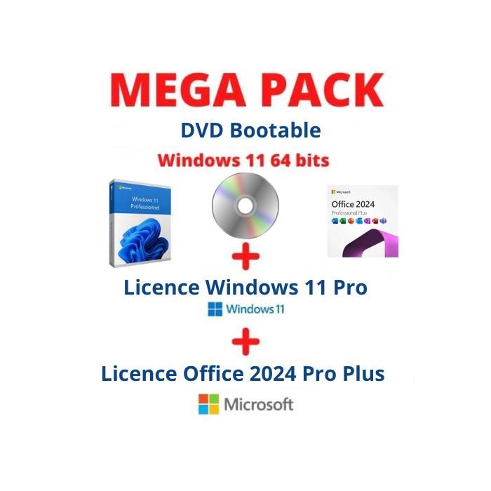 PACK WINDOWS 11 SUR DVD BOOTABLE + LICENCE WINDOWS 11 PRO + LICENCE OFFICE 2024 PRO PLUS