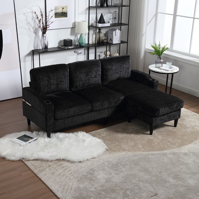 Canapé Modulable pouf et rangement Canapé 4 places avec accoudoirs confortables porte-gobelets poches latérales Velours Noir Canapé Modulable pouf et rangement Canapé 4 places avec accoudoirs confortables porte-gobelets poches latérales Velours Noir