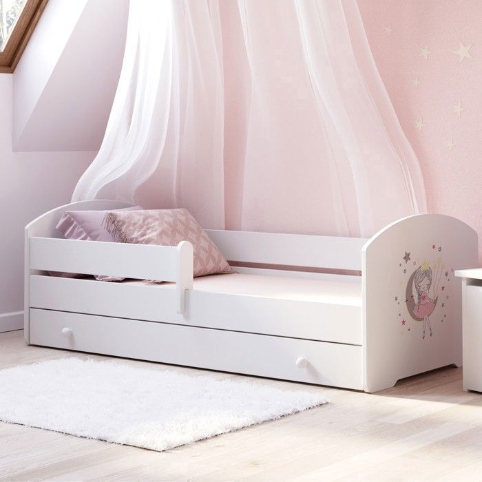 Lit pour enfant LUK – Blanc 140 x 70 cm avec barrière tiroir et matelas – avec graphique de princesse endormie