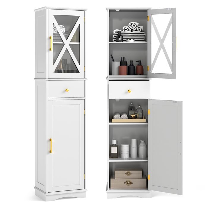 COSTWAY Meuble Colonne de Salle de Bain avec 2 Portes et 1 Tiroir 3 Étagères Réglables Placard à Porte30 x 40 x 168 cm Blanc