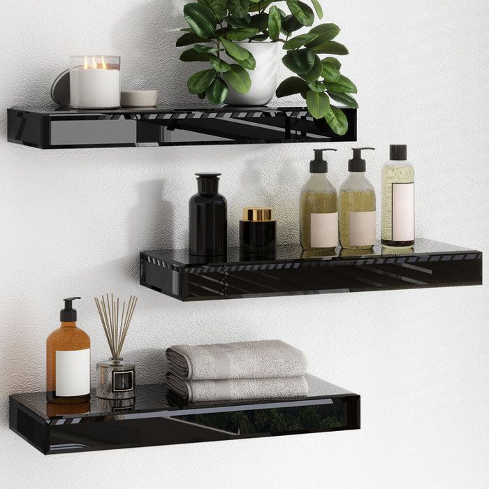 2 étagères Salle De Bain Verre Noir Mat – 20,3 Cm – Montage Mural, Charge 6 Kg – Pour Rangement Shampoing, Cosmétiques
