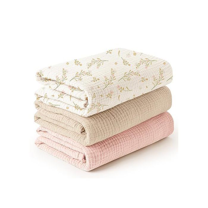 Ensemble de trois couvertures pour bébé en mousseline couverture demmaillotage pour nouveau-Fleurs + Abricot + Rose - 120*120cm