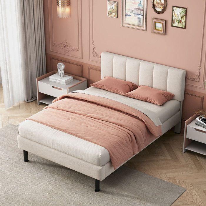 Lit rembourré - pieds en fer - sommier à lattes - 140 x 190cm matelas non inclus tissu sherpa beige