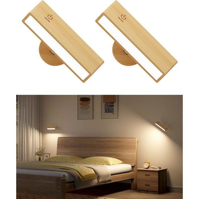 Applique murale - OTBACT - Lot de 2 - Bois massif - Rechargeable USB 4000mAh - Luminosité réglable 360°
