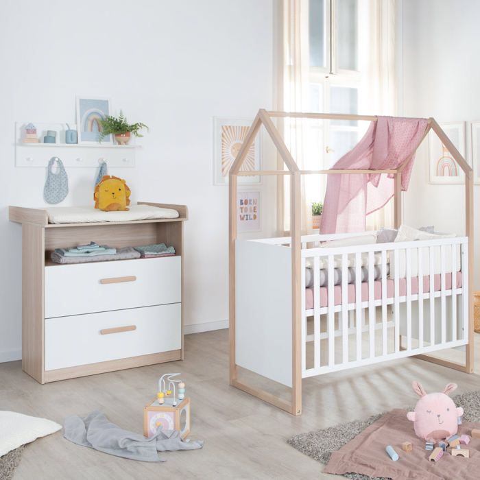 Chambre+bebe+duo+:+Lit+60+x+120+cm+++commode+à+langer+evolutive+-+CABANE+-+ROBA+-+Chene+/+Blanc