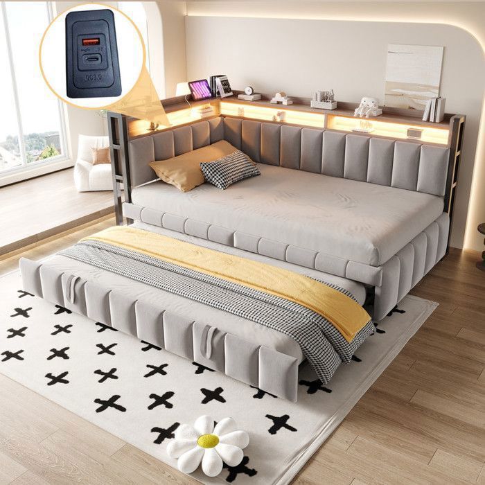 Lit rembourré avec éclairage LED 90 × 200 cm doté dun lit gigogne dun port USB-C et de multiples espaces de rangement gris.