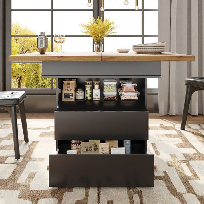 Table à manger extensible avec 3 niveaux de rangement pour 4-6 personnes couleur bois+noir 110-140x80x75cm