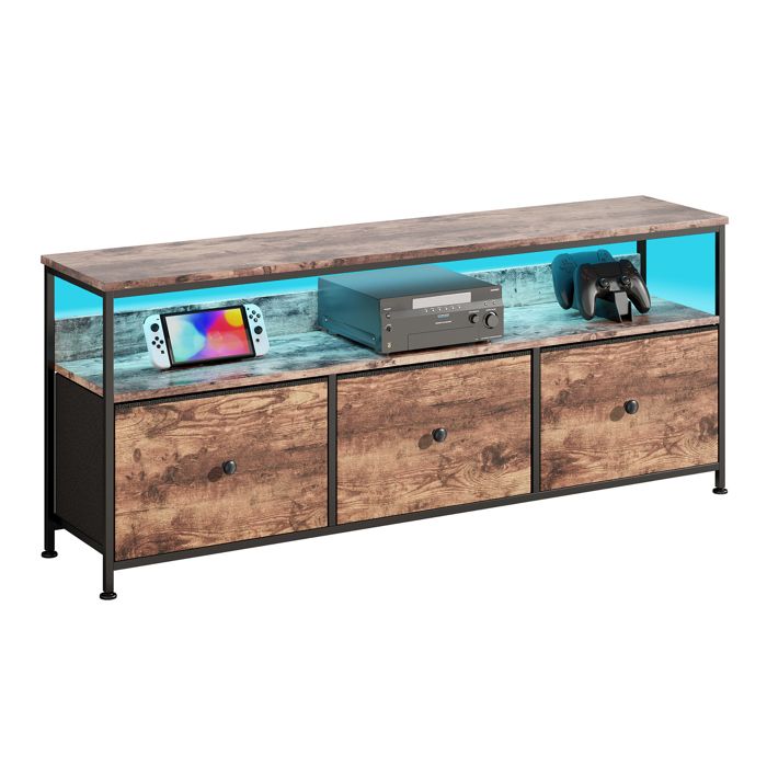 Meuble TV Moderne espace de rangement pratique 3 portes aspect bois éclairage LED Armoire TV BasNaturel en bois137x30x57cm