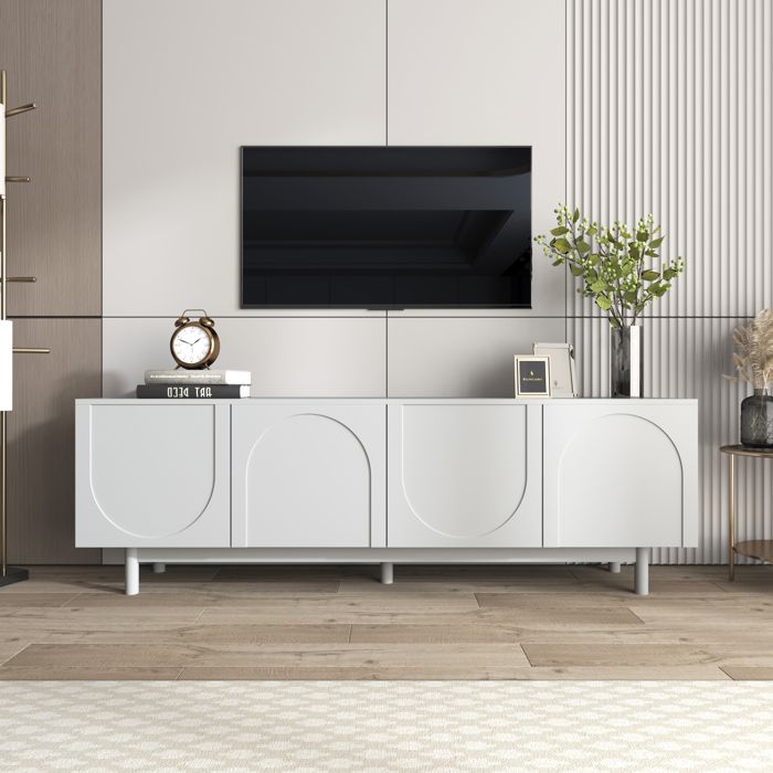 Meuble TV Moderne Armoire TV 4 Portes Structurées Léger de luxe Design Sobre 175x38x56cm Blanc