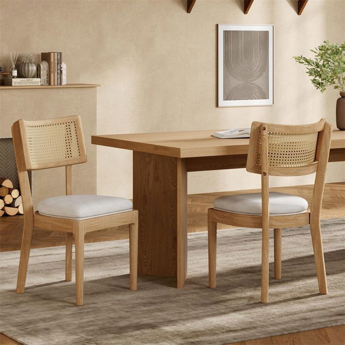 Lot de 2 chaises de salle à manger - Capitonnées en velours - Dossier en rotin - Bois massif - Naturel - Elégance Chic