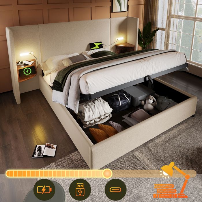 Lit coffre rembourré 180x200 beige – tête multifonction lampe tactile rechargeable USB-C sommier à lattes