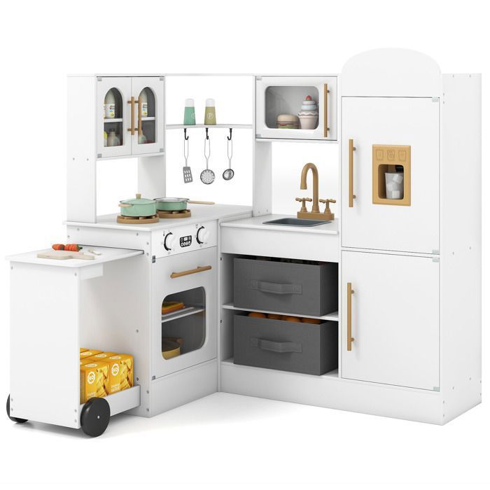 COSTWAY Cuisine Enfants en Bois 3-6 Ans - 18 Accessoires avec Évier, Micro-ondes