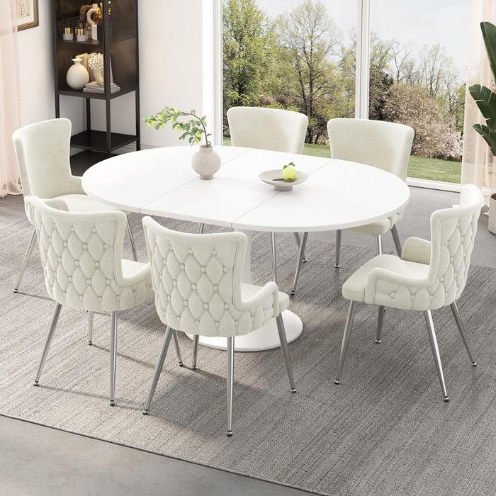 Lot de 6 chaises de salle à manger en velours fauteuil de salon de luxe avec quatre pieds en métal argenté beige