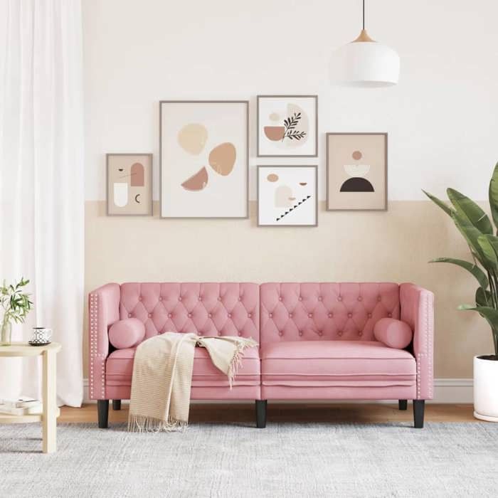 Canapé Chesterfield 2 places - MANGO - Velours - Rose - 174x74 5x70 5 cm - Traversins inclus - Capacité 110 kg par siège Canapé Chesterfield 2 places - MANGO - Velours - Rose - 174x74 5x70 5 cm - Traversins inclus - Capacité 110 kg par siège