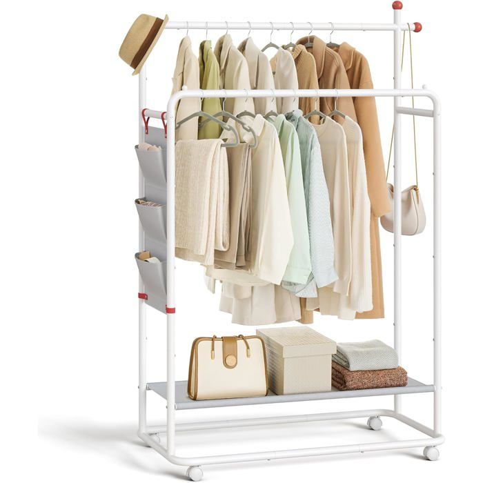 Porte-Manteau SONGMICS HOME HSR171W01 Métal avec Roulettes 2 Barres Étagère Blanc Mat