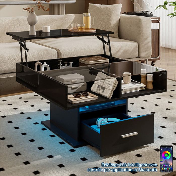 Table Basse Relevable avec LED Contrôle par App et Tiroir Table de Verre avec Compartiment Ouvertes Moderne Noir 78x78x45 5 cm