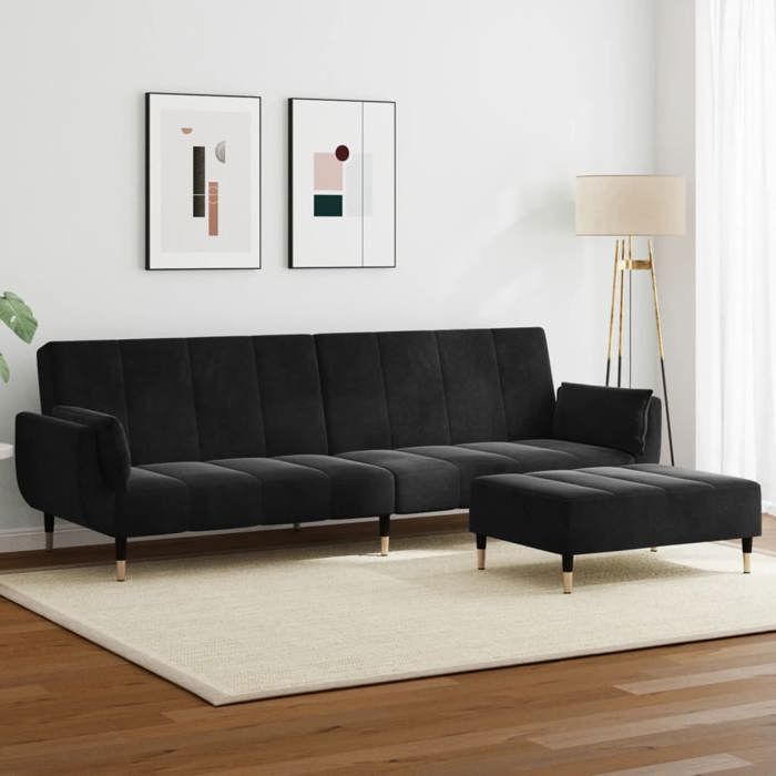 NEW 2026 Canapé-lit à 2 places - Lit de sofa - 2 personnes - avec repose-pied noir velours 220x84.5x69 cm L1557