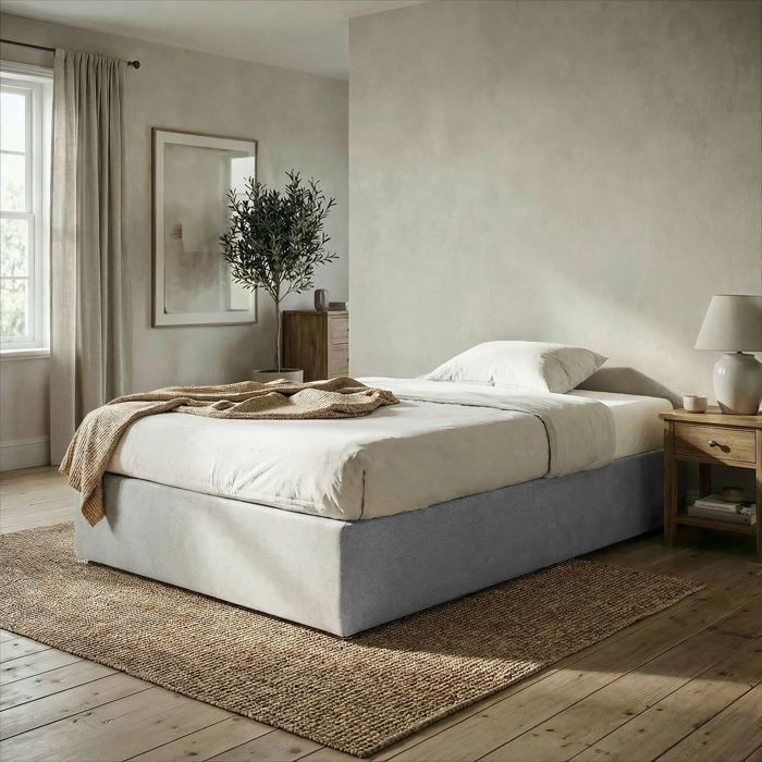 Sommier tapissier MAYA 90 x 190 cm structure en bois et revêtement en tissu gris cadre de lit avec pieds