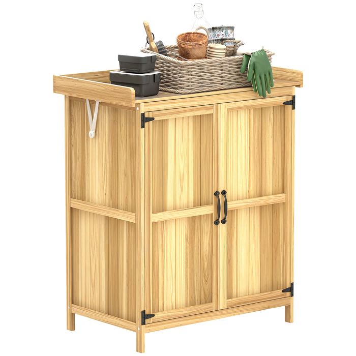 Armoire de jardin - Outsunny - 2 portes toit à charnières et étagère - dessus acier inoxydable - bois - 74x43x88 cm - bois naturel
