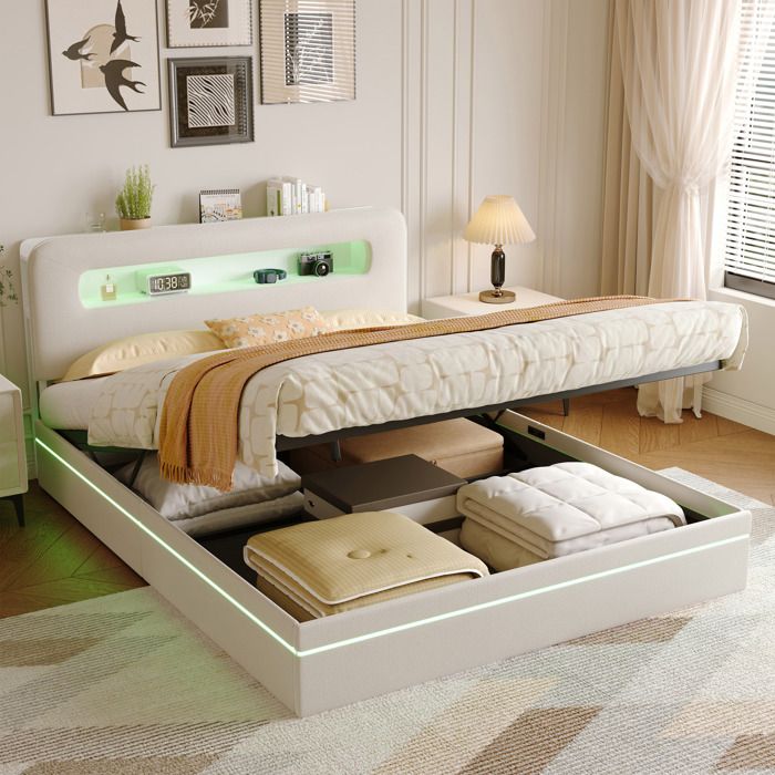 Lit 160x200 cm avec LED Cadre de Lit en sommier à lattes Tête de Lit avec Rangement Lit Double Adulte Moderne Velours - Beige