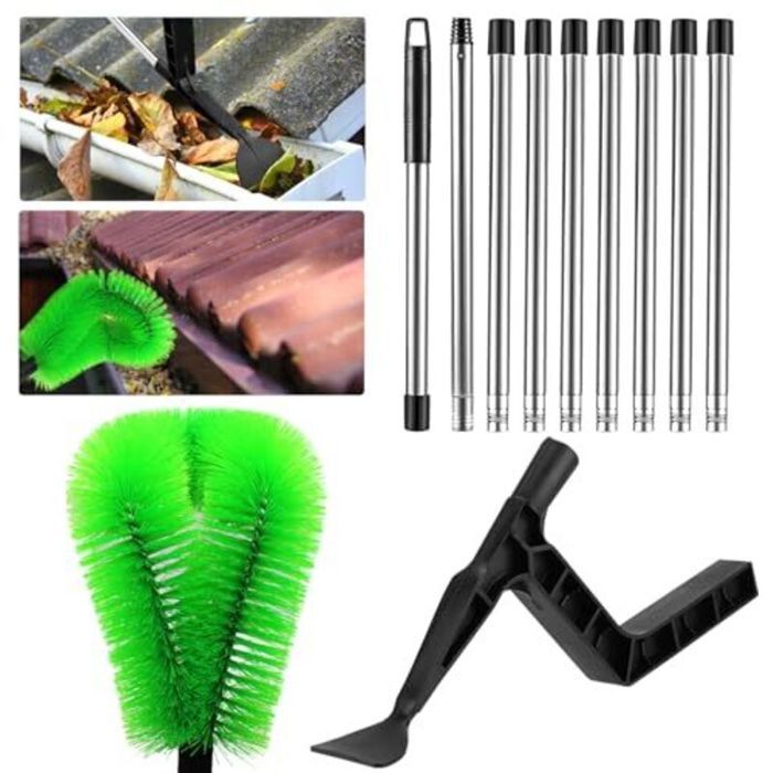 Nettoyeur de gouttières 390 cm brosse et pelle de nettoyage 2 en 1 brosse de nettoyage de gouttières avec manche télescopique pour