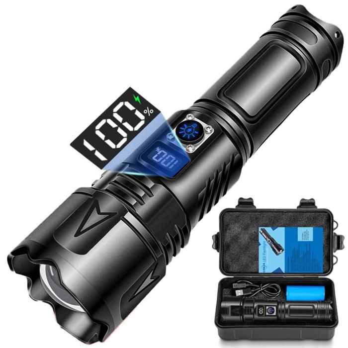 Lampe de Poche Ultra Puissante USB-C Rechargeable Tactique Torches 5 Modes Zoombar pour Camping Durgence Activités de Plein Air
