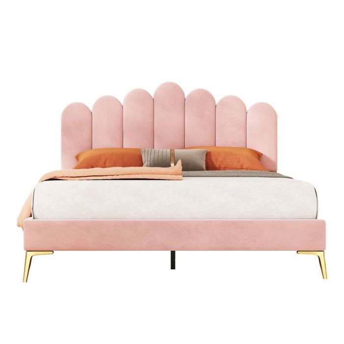Lit Double-Velours Rose 140x200cm-Tête De Lit-Sommier Lattes-Pour Adulte-Ado-Invité-Sans Matelas