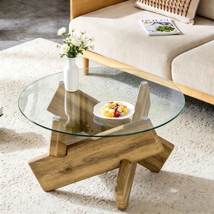 Table Basse Ronde en Verre - BELLEMAVE - Pieds en Bois Croisés - Plateau épais - Table de Salon - 79 × 79 × 45 cm - Naturel