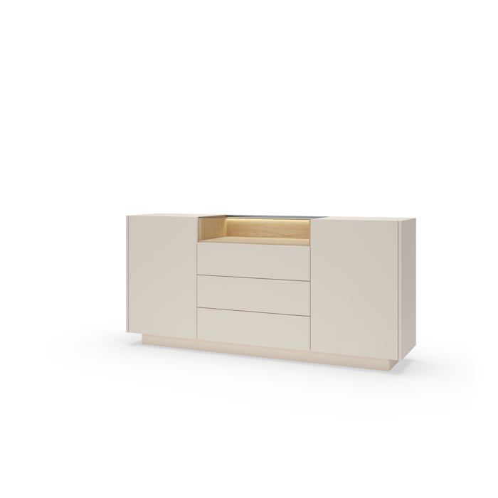 Commode - 176 4 x 39 5 x 83 cm - Beige & chêne crémone - 3 tiroirs 2 portes 5 étagères - Éclairage LED intégré