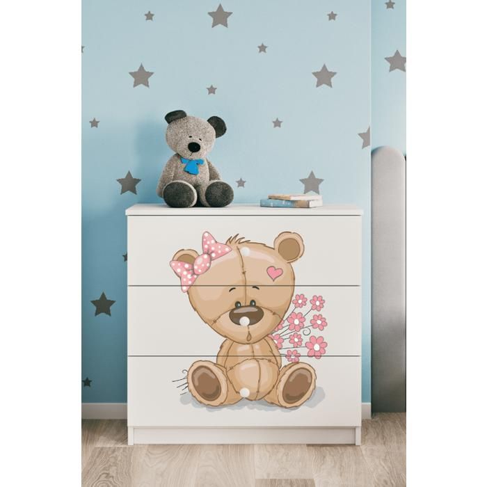 Commode Enfant avec Tiroirs Ourson Fleurs Blanche - Babydreams