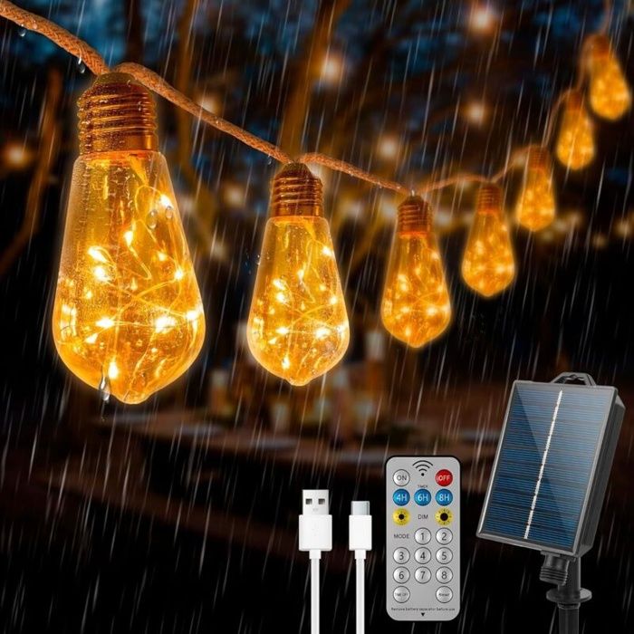 Guirlande Guinguette Solaire avec 16 Ampoules Corde de Chanvre 10M 8 Modes IP64 Étanche Télécommande et Chargement USB