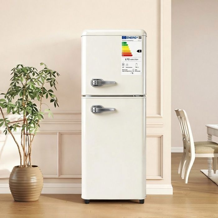 LINHOO Réfrigérateur Congélateur 112 L Double Porte avec LED et Température Réglable Étagères Ajustables Crème - Linhoo