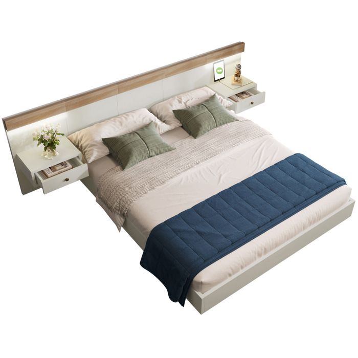 Ensemble lit double 180x200 cm avec 2 tables de nuit LED et port USB-C en chêne sonoma et blanc sans matelas