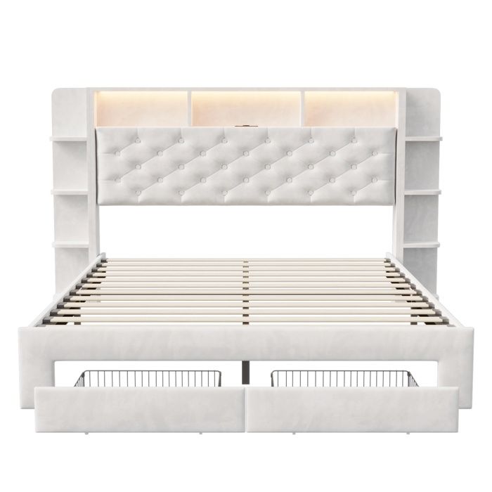Lit Adulte 160x200 cm - Lit double avec Tête de lit et Sommier à Lattes - LED - Tissu Velours - Rangement - Beige Lit Adulte 160x200 cm - Lit double avec Tête de lit et Sommier à Lattes - LED - Tissu Velours - Rangement - Beige