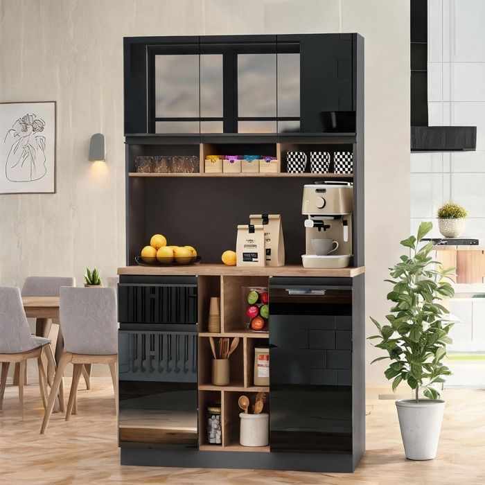 Buffet haut de cuisine anthracite et noir brillant 105x45x185 cm MDF design moderne