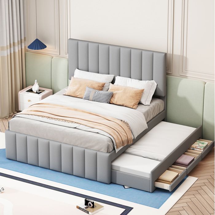 Lit Enfant 140x200 cm avec Lit Gigogne et 3 Tiroirs Tete Reglable Lin Coton Gris