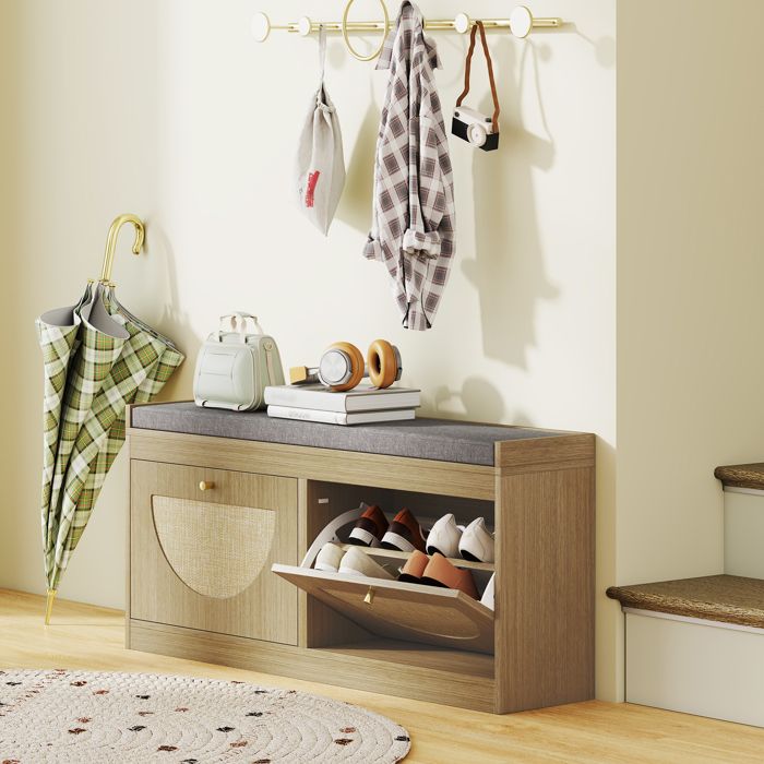 Banc à chaussures - Bohème - Assise rembourrée amovible - Portes en rotin - Rangement 8 paires