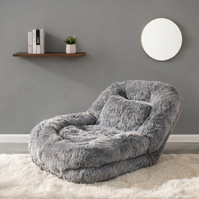 Canapé de sol modulable en peluche gris clair dossier 5 positions convertible en lit pour salon ou détente