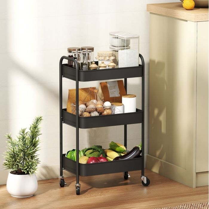 Meuble rangement desserte roulante de cuisine 3 niveaux 4 roulettes avec freins acier noir 45 x 306 x 79 cm ORVRYN