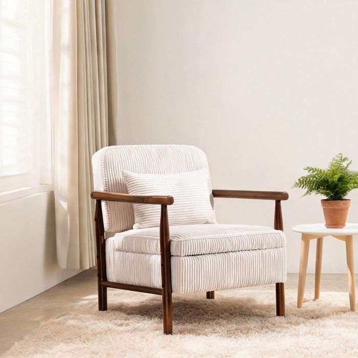 Fauteuil d’appoint médiéval moderne en velours blanc cassé structure bois coussin lombaire 83x66x73 cm