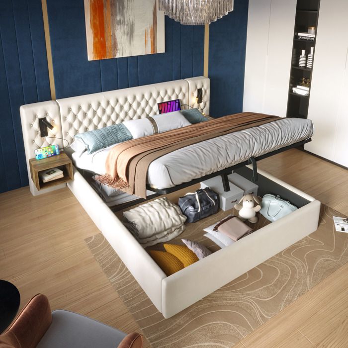 WOVREO Lit coffre hydraulique 160x200 cm avec 2 tables de chevet lampes de lecture USB Type-C velours beige