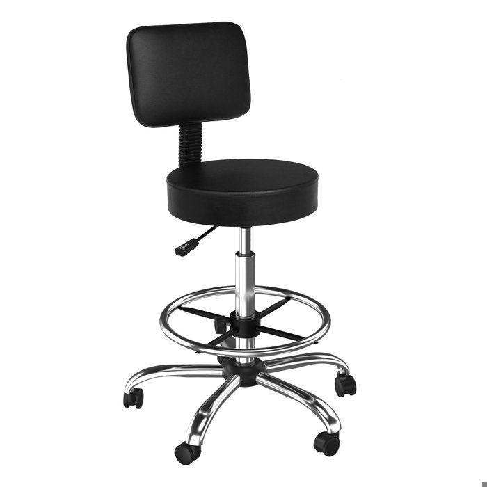 Tabouret roulettes Professionnel avec Dossier VINGLI Tabouret de Bureau Rotation à 360° Hauteur Réglable 94-105cm PU Noir