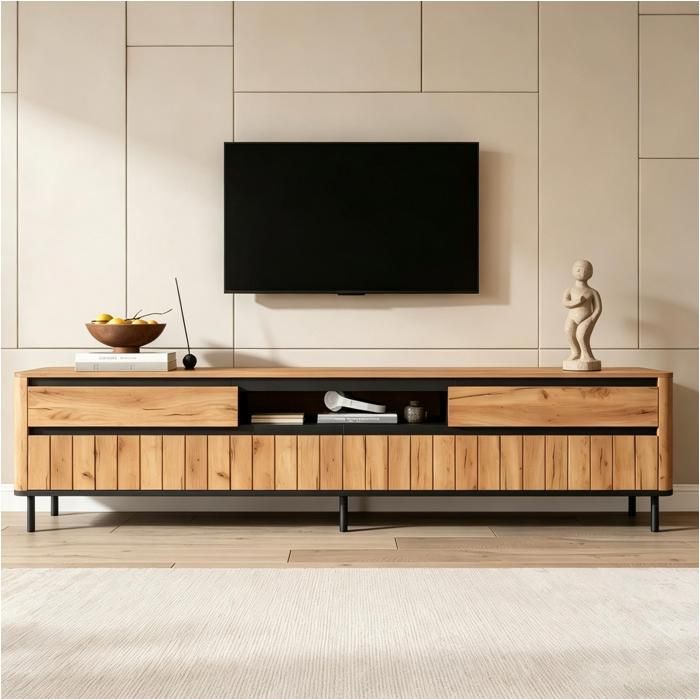 Meuble TV Lowboard pour salon 180x40x52cm 2 tiroirs et 2 portes pliantes 6 pieds métalliques pour Télé 75 Pouces Noir+Naturel